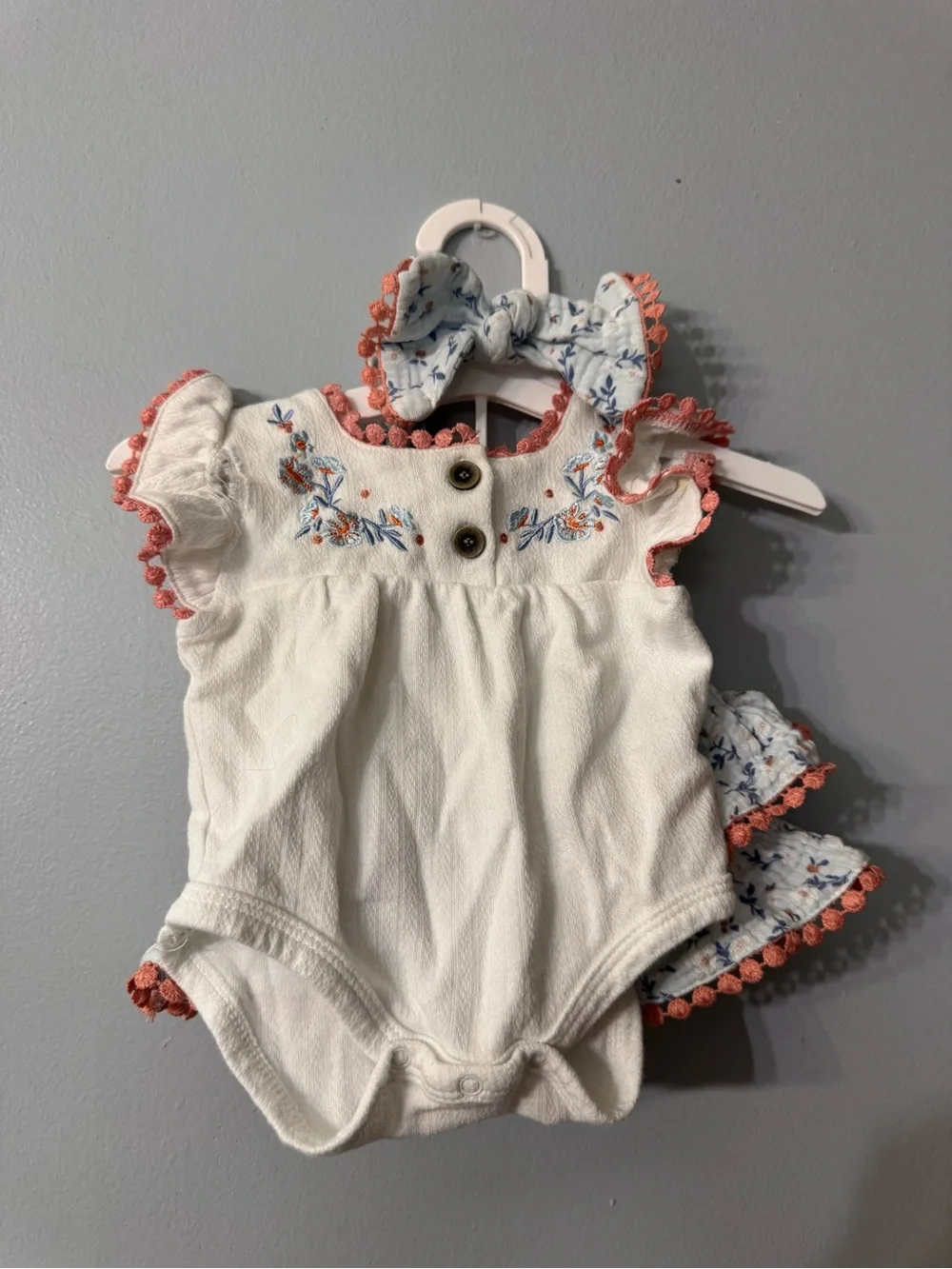 Baby Girl White Embroidered Bodysuit, skirt with Coral Trim & Matching Bow